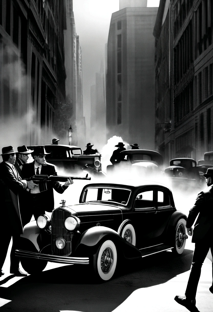 Cinematic image, realism, cinema, realistic scenario, five men armed with Thompson Machine Guns, gangster war, shooting, war between rival gangs, vintage car, 70s, large building, robbery of the Central Bank of Chicago, the mint or central bank, explosive scene, shooting, smoke, monochrome.