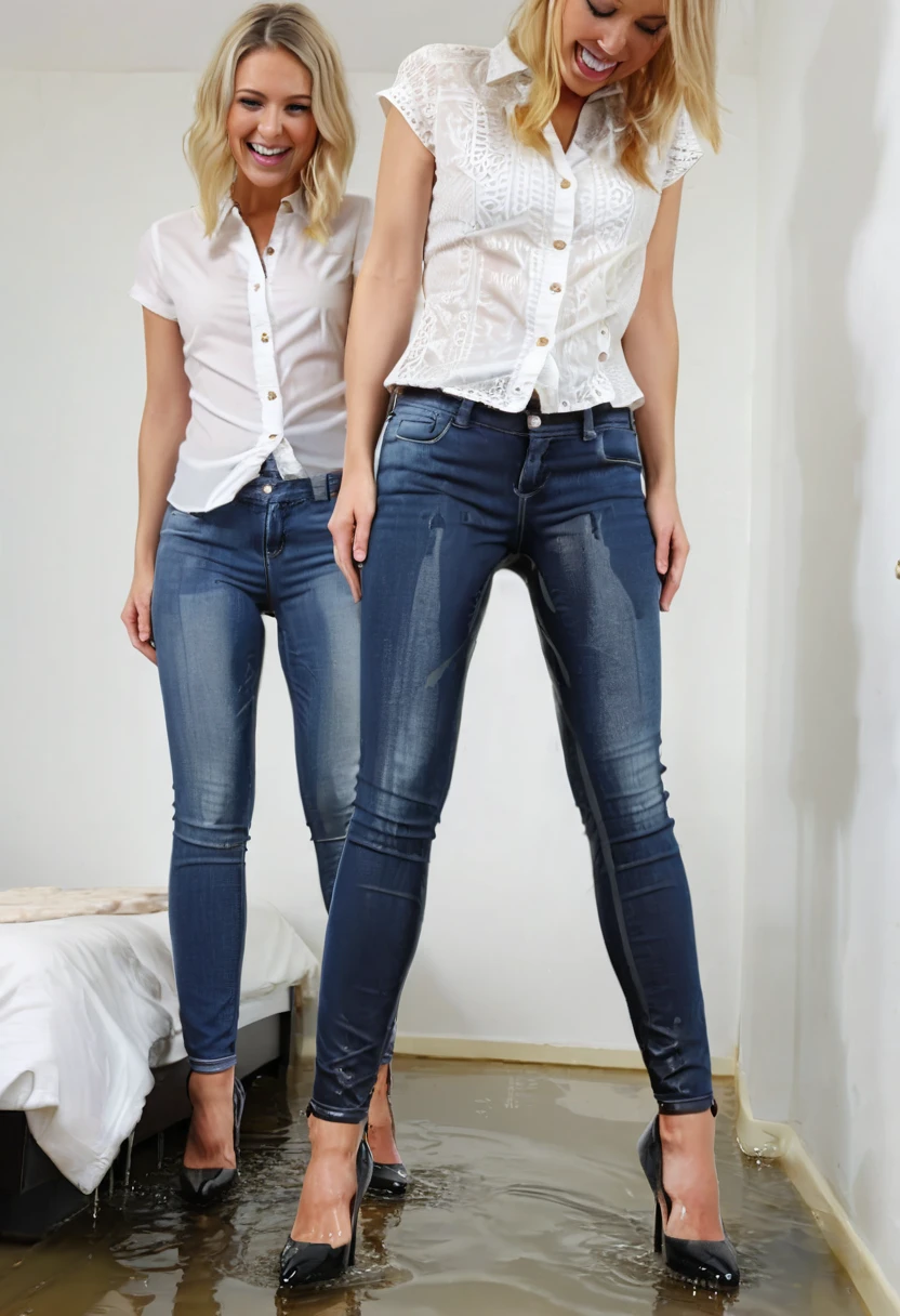 two attractive blonde woman, skinny jeans,  high heel pumps, work blouse, standing in a bedroom, wetting, big smile, pee stains are gleaming wet, pee run down legs, shoes flooded with pee, show heels, (((head in frame:1.4))), lower legs of jeans soaking wet, a stream of pee flows between their legs, ((full-length body shot))