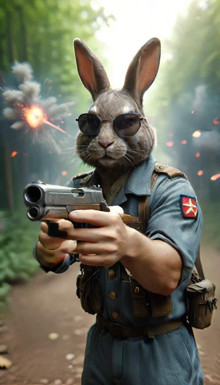 Warrior rabbit wearing military sunglasses, aiming with a pistol at the viewer, Vague, Vague background, War Zone, Vague foreground, Depth of Field, explode, beard, 运动Vague, In the woods,
 gunatyou, Looking at the audience, pistol,
 realism, Very detailed