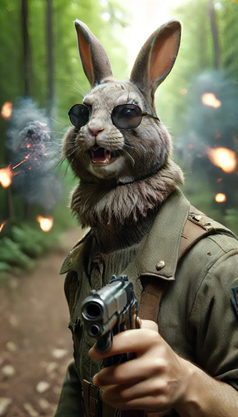 Warrior rabbit wearing military sunglasses, aiming with a pistol at the viewer, Vague, Vague background, War Zone, Vague foreground, Depth of Field, explode, beard, 运动Vague, In the woods,
 gunatyou, Looking at the audience, pistol,
 realism, Very detailed