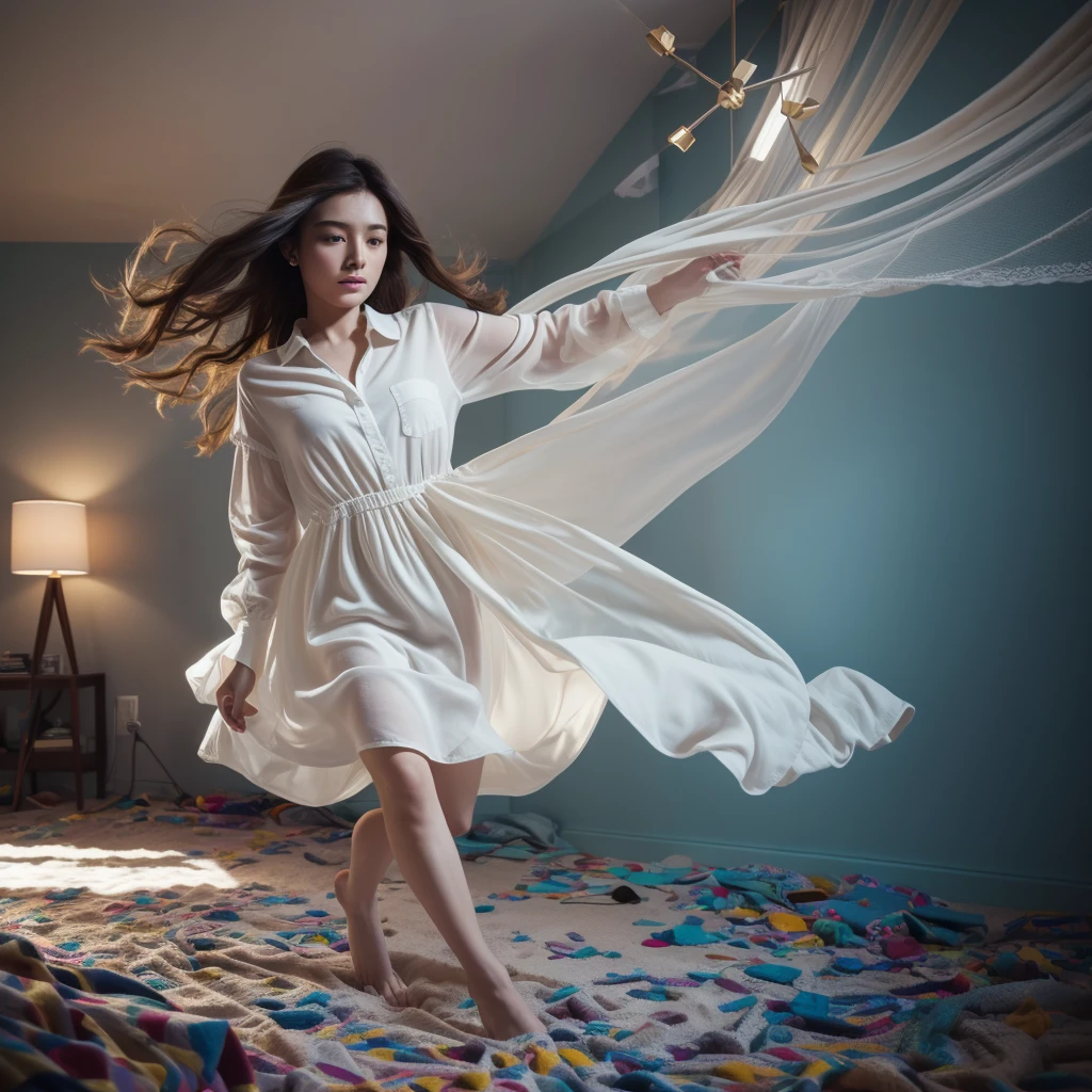 medium shot, best quality of photo, aesthetic abstract art, falling and floating pretty girl with type of fabrics in spare room with fabrics decoration, colorful, glass, wearing shirt dress, detailed face and hands, realistic hair, dramatic, cinematic lighting, shadow on her, rays, realistic object, realistic girl, realistic skin, realistic dress, motion blur, ultra highly detailed, dynamic composition, shot by sony a9 with 100mm lens f/5.4, midjourney v6 photorealistic