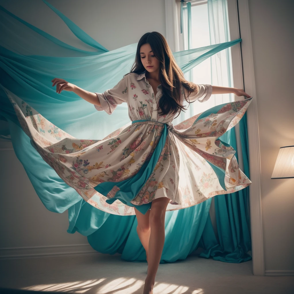 medium shot, best quality of photo, aesthetic abstract art, falling and floating pretty girl with type of fabrics in spare room with fabrics decoration, colorful, glass, wearing shirt dress, detailed face and hands, realistic hair, dramatic, cinematic lighting, shadow on her, rays, realistic object, realistic girl, realistic skin, realistic dress, motion blur, ultra highly detailed, dynamic composition, shot by sony a9 with 100mm lens f/5.4, midjourney v6 photorealistic