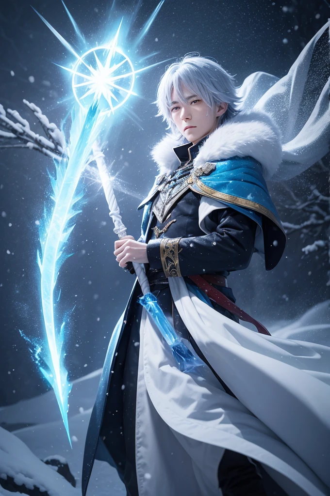 anime styling,a sorcerer, with a staff,releasing ice magic,in a snow flurry,