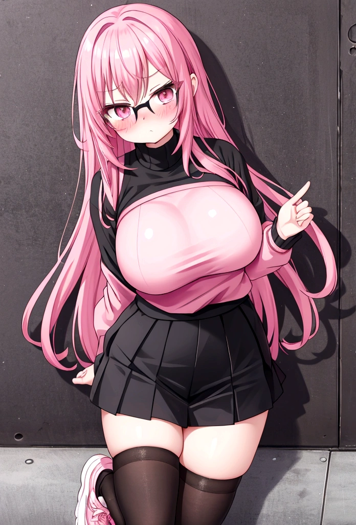 pink hair black glasses pink eyes extremely blushing a big pink sweater short black skirt black stockings white tennis shoes that is a reserved girl that is pouting