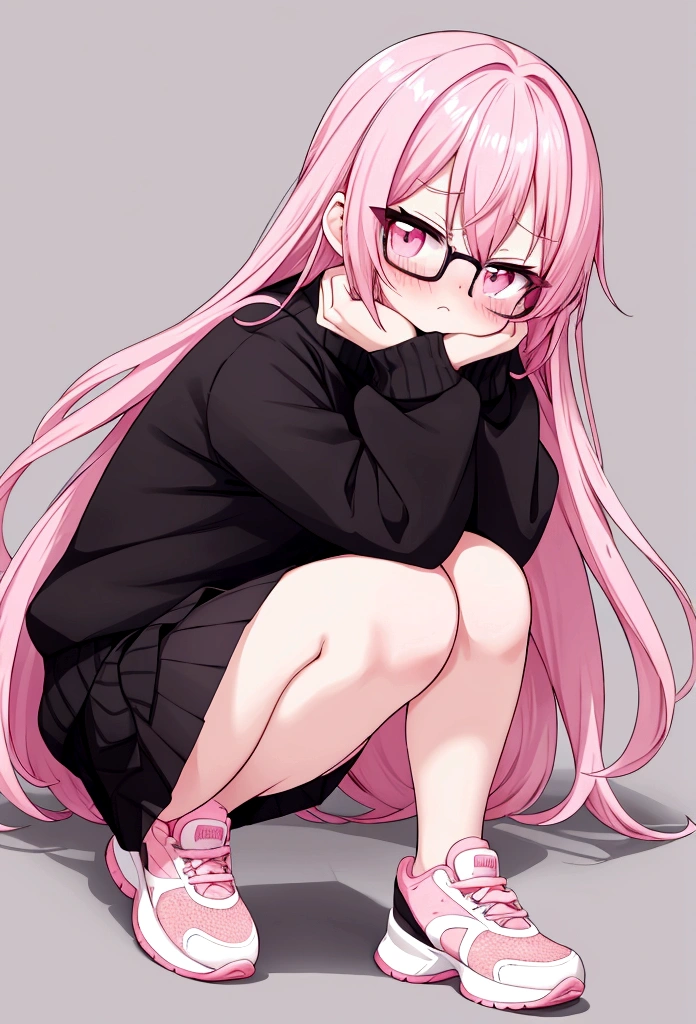 pink hair black glasses pink eyes extremely blushing a big pink sweater short black skirt black stockings white tennis shoes that is a reserved girl that is pouting