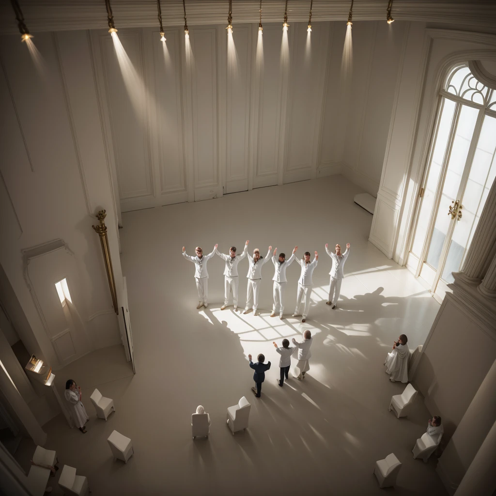 White room with light coming from above. People in the back, in the room, in formal clothes with their hands raised in worship.
