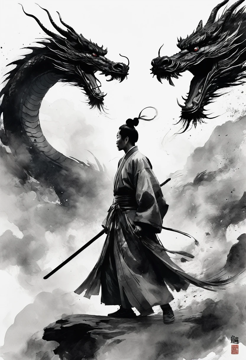 Epic Song Ink Lens，Chinese warrior wearing Hanfu fighting a dragon，POV perspective，First Person，Tradition Chinese Ink Painting style，Exaggerated perspective，thrilling moment，8K，Simple style，Style Wu Guanzhong