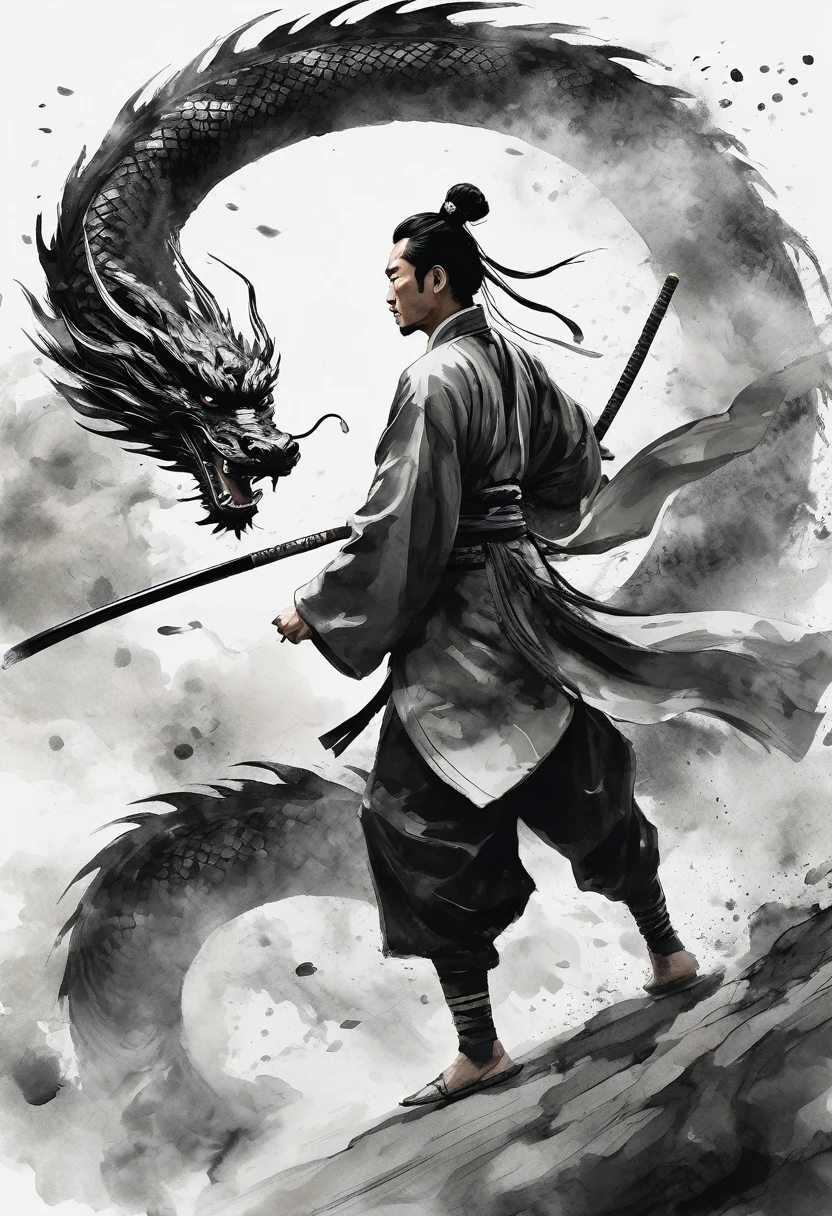 Epic Song Ink Lens，Chinese warrior wearing Hanfu fighting a dragon，POV perspective，First Person，Tradition Chinese Ink Painting style，Exaggerated perspective，thrilling moment，8K，Simple style，Style Wu Guanzhong