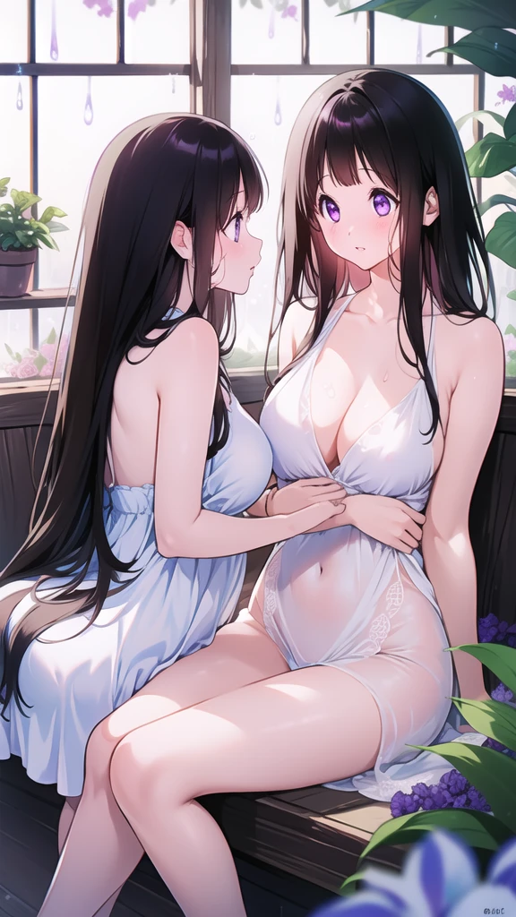 Chitanda,只有一个beautiful girl,Purple Eyes, Black Hair, Natural straight hair, Straight bangs,Extremely refined,open your lips,Face is so red,Very white skin,Skin as delicate as porcelain,Glowing skin,big eyes,Flowing long hair,beautiful girl, Like a dream,Slim,Slim waist,Soft, (Sensual), (Kawaii), Dream quality,Sweaty and sweaty,Wet skin,Side breasts,it is raining,Planting flowers in a greenhouse,White transparent dress,Profile,(Completely naked),Gluteal groove,The outline of the breasts is visible through clothing,Completely naked的背部,nacked hip,very close,Deep V neckline,Loose neckline,Beautiful big breasts,No pants,nopan,no pants,Bare shoulders,There are no shoulder straps,Exposed collarbone,Delicate clavicle,Delicate hands and feet,Bare neck,There are no clothes around the neck,Bare thighs,Exposed groin,Camel toe,extremely shy,Ultra-high resolution, (masterpiece:1.2, best quality), (Delicate and beautiful eyes: 1.2), (Beautiful and delicate face)