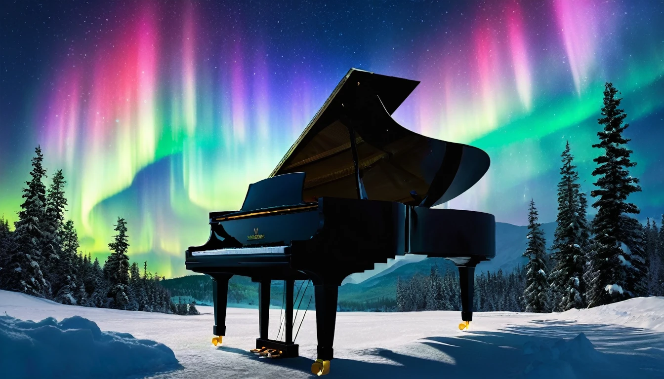 Mysterious and enchanting scenery with snow, one piano on the water surface under a sky full of aurora borealis in rainbow. ((A beautiful woman is standing in front of the piano.)) The water surface reflects the view of the Northern Lights and is surrounded by silence. The piano is lit up and looks even more divine.