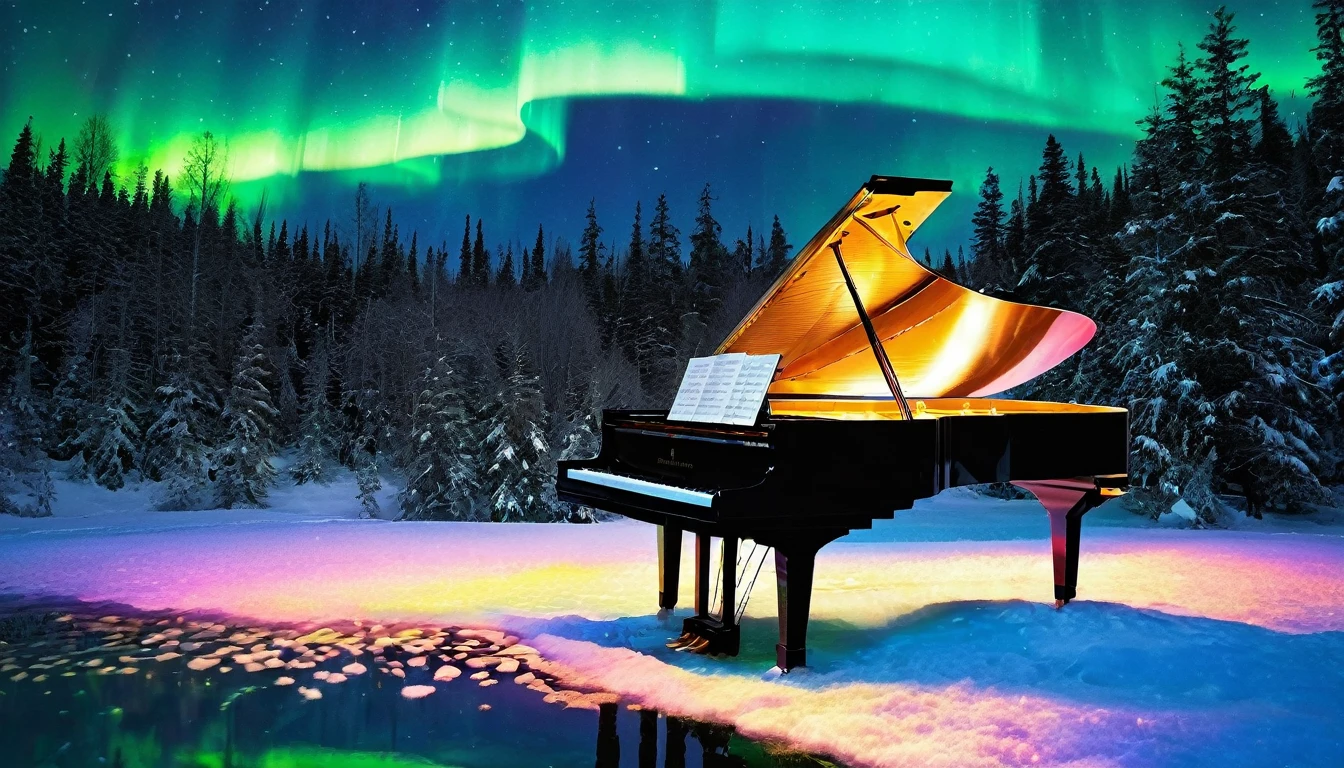 Mysterious and enchanting scenery with snow, one piano on the water surface under a sky full of aurora borealis in rainbow. ((A beautiful woman is standing in front of the piano.)) The water surface reflects the view of the Northern Lights and is surrounded by silence. The piano is lit up and looks even more divine.