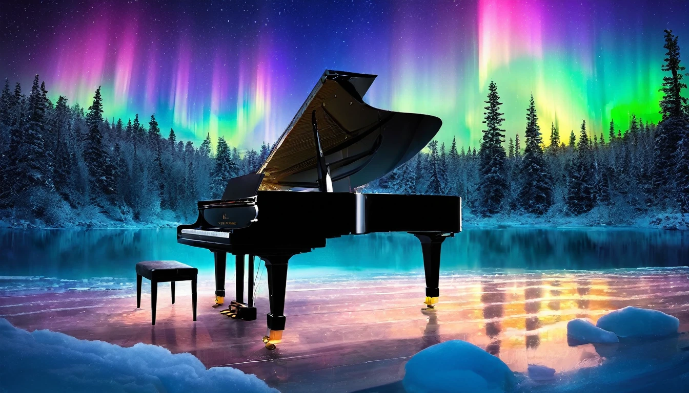 Mysterious and enchanting scenery with snow, one piano on the water surface under a sky full of aurora borealis in rainbow. ((A beautiful woman is standing in front of the piano.)) The water surface reflects the view of the Northern Lights and is surrounded by silence. The piano is lit up and looks even more divine.