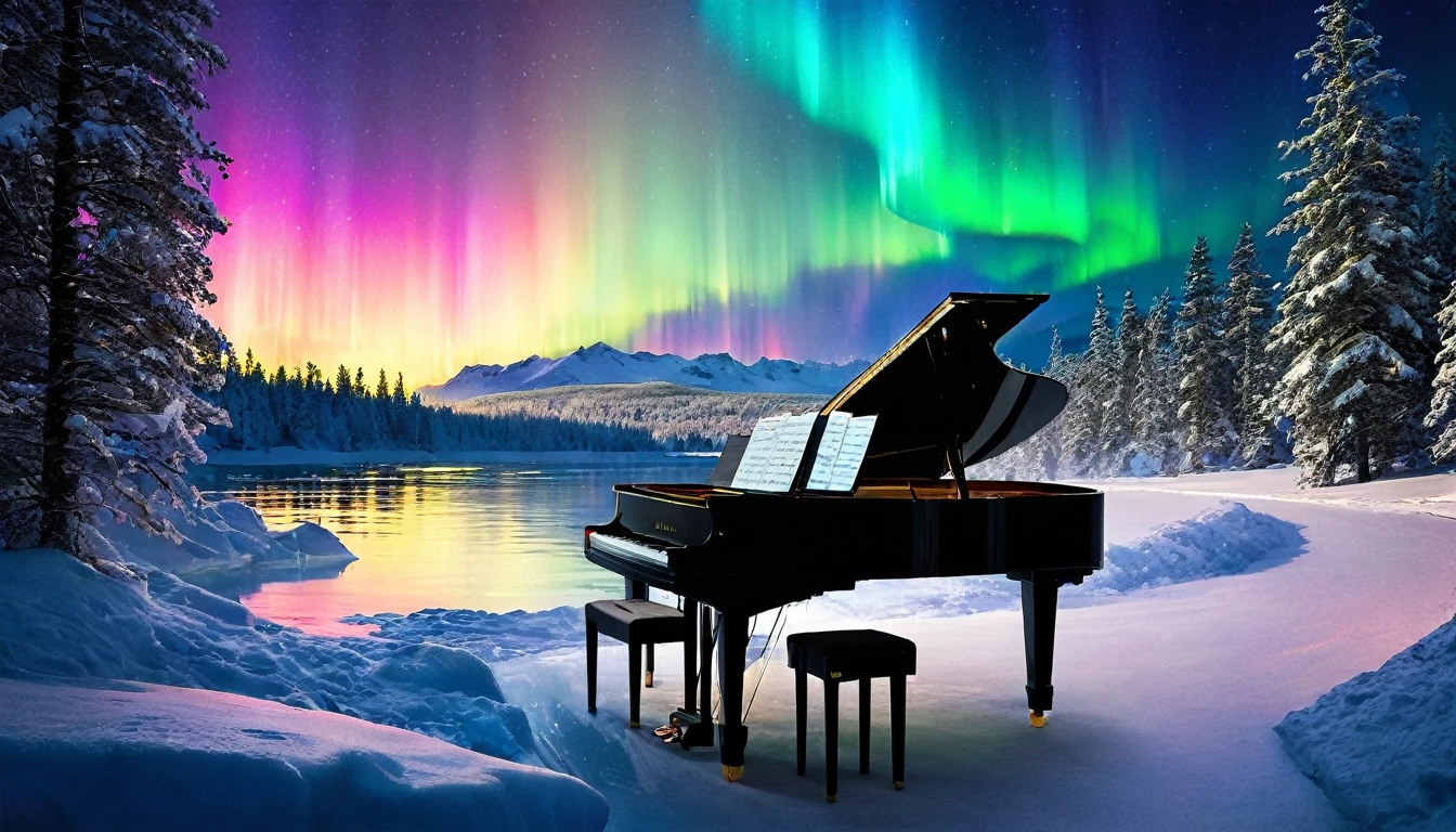 Mysterious and enchanting scenery with snow, one piano on the water surface under a sky full of aurora borealis in rainbow. ((A beautiful woman is standing in front of the piano.)) The water surface reflects the view of the Northern Lights and is surrounded by silence. The piano is lit up and looks even more divine.