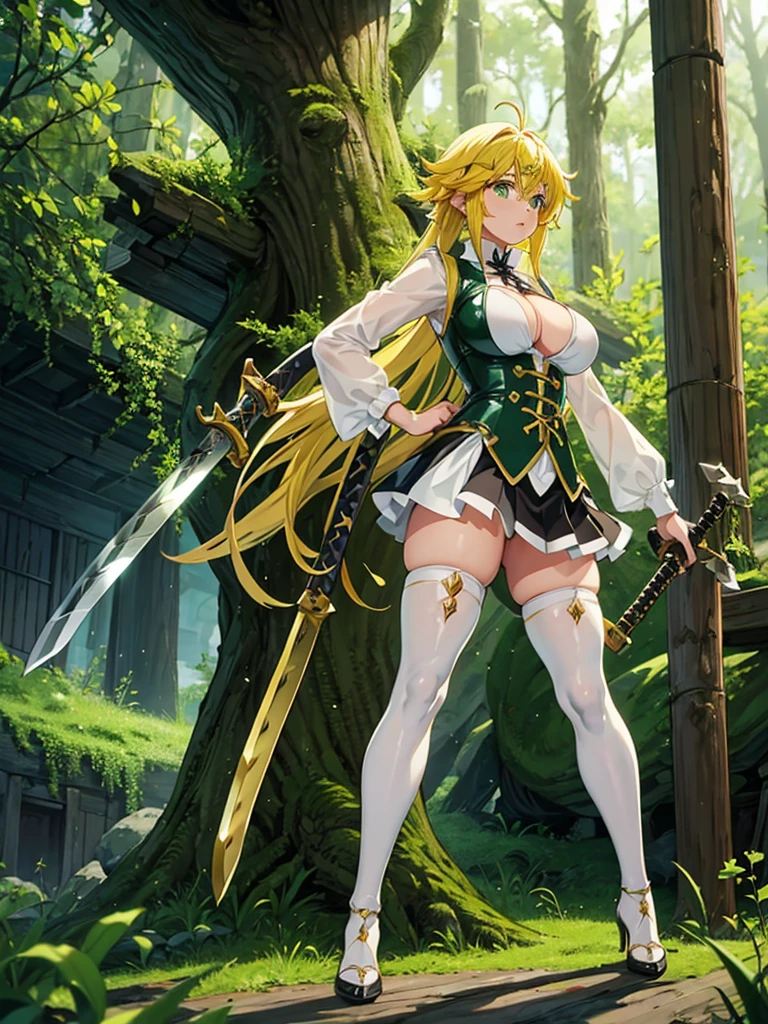 Meliodas in female version with big breasts, thigh length skirt, latex thigh high stockings, katana, possession of skin, White shirt, black vest with white, green eyes, heels, blond hair. 