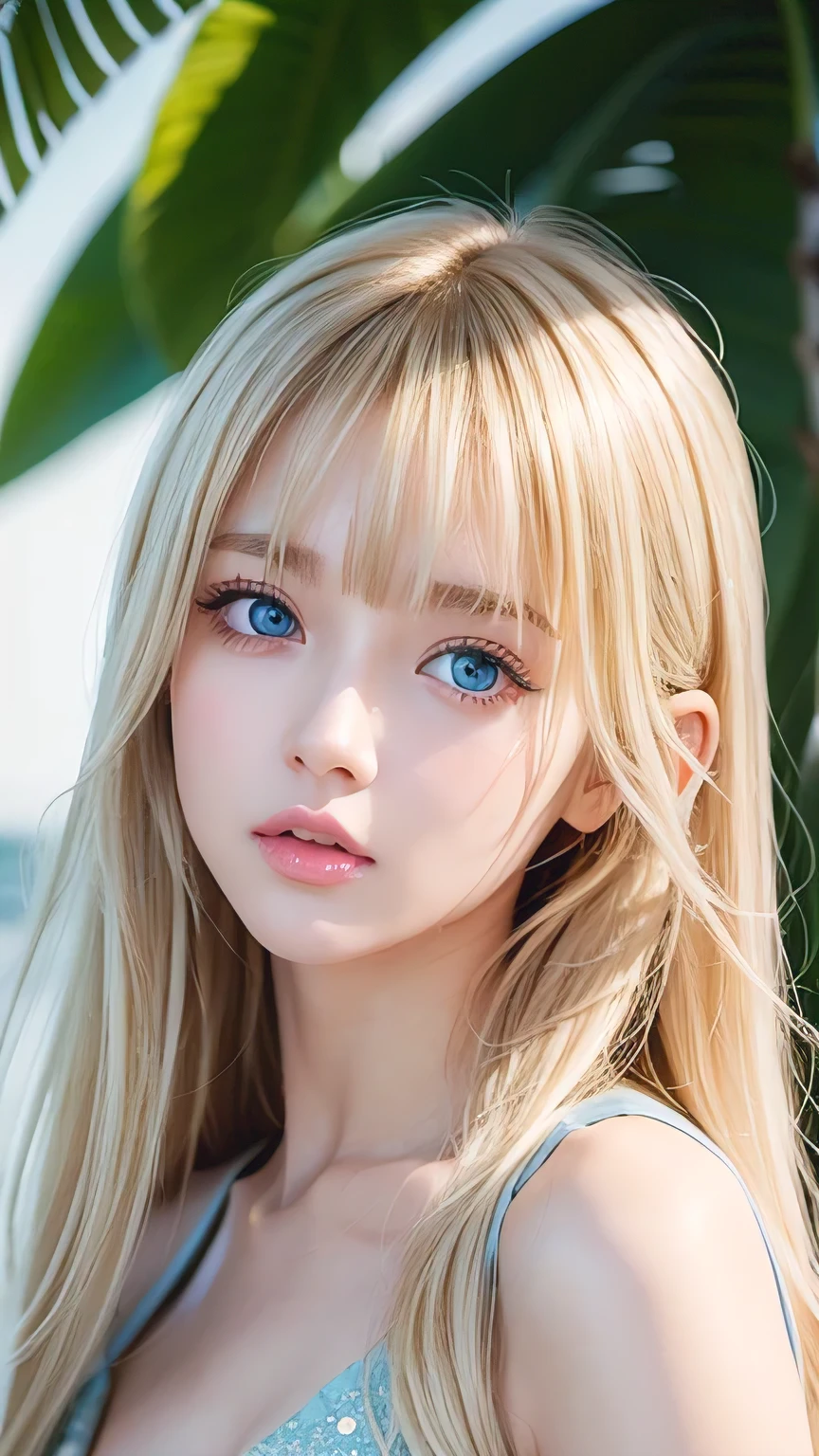 1 Girl, very messy blonde hair, Super long beautiful blonde、Very beautiful super long shiny hair、Bangs between the eyes、bangs on the face、Very beautiful cute face、Very cute beautiful girl、Very white, shiny, radiant skin、solo、super high quality、Hard Focus、Film Grain、Ultra-high resolution、masterpiece、Beautiful detailed, clear, sparkling, light blue large eyes、Very big eyes、Small Face Beauty、Round face、