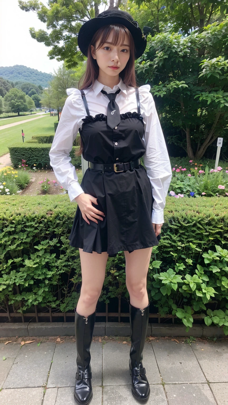(8K、RAW Photos、Highest quality、masterpiece:1.2)、(Realistic、Realistic)、1 Girl、((Check mini skirt、tie、black、Frills、Thin legs、whole body、boots、one piece、garden、View from the front、Looking into the camera、belt、Stand with hands on hips))、