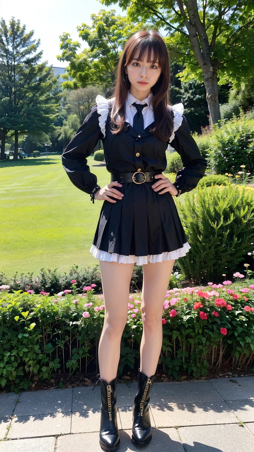 (8K、RAW Photos、Highest quality、masterpiece:1.2)、(Realistic、Realistic)、1 Girl、((Check mini skirt、tie、black、Frills、Thin legs、whole body、boots、one piece、garden、View from the front、Looking into the camera、belt、Stand with hands on hips))、