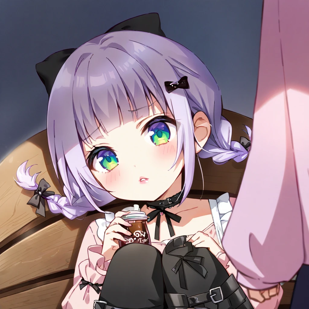 a masterpiece, beautiful eyes, a beautiful face, beautiful depiction, details, ultra detailed, 8K,kawaii, mesugaki, fangs, 
light atmosphere, (Cute 2girls:1.5), (2girls with closs hair pin,
pink shirt,cosplay, jirai kei, bangs, black skirt, black bow, looking at viewer, bow, long sleeves, choker, ribbon,pink lips,Thick-soled boots,portrait  shot :1.4),boots focus,
(masterpiece:1.3), anime visual, (Lovey-dovey:1.5), (tilt head:1.3), extremely delicate face, soft clean focus, realistic lighting and shading, (an extremely delicate and beautiful art:1.3),
Two college-aged women are sitting on a bench drinking tea from a plastic bottle. Their legs are slightly open, exposing their pantys. One girl has lavender-colored twin braids hair and green eyes, the other girl has silver-colored ponytail hair and blue eyes,