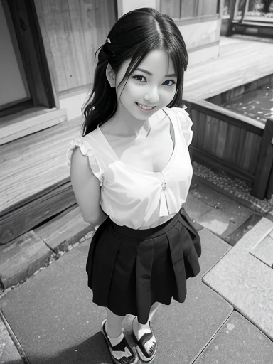 Japanese female, a lot of details, (underweight), 30 years old, detailed black hair, beautiful detailed hair, super fucking beautiful, delicate beautiful face, complex details beautiful and delicate eyes, perfect hands, (flat chest best quality:1.5), perfect and delicate limbs, detailed skin, best quality, ultra-detailed,(cheerful grin:1.5),
japanese temple, standing, braid, (white blouse), (translucent fluttering skirt), japanese, in the village, with a shrine, (nostalgic atmosphere), 1940s, (full body shot:1.2), from front, ground-level shot, wide view, (monochrome:1.5), wide-angle lens