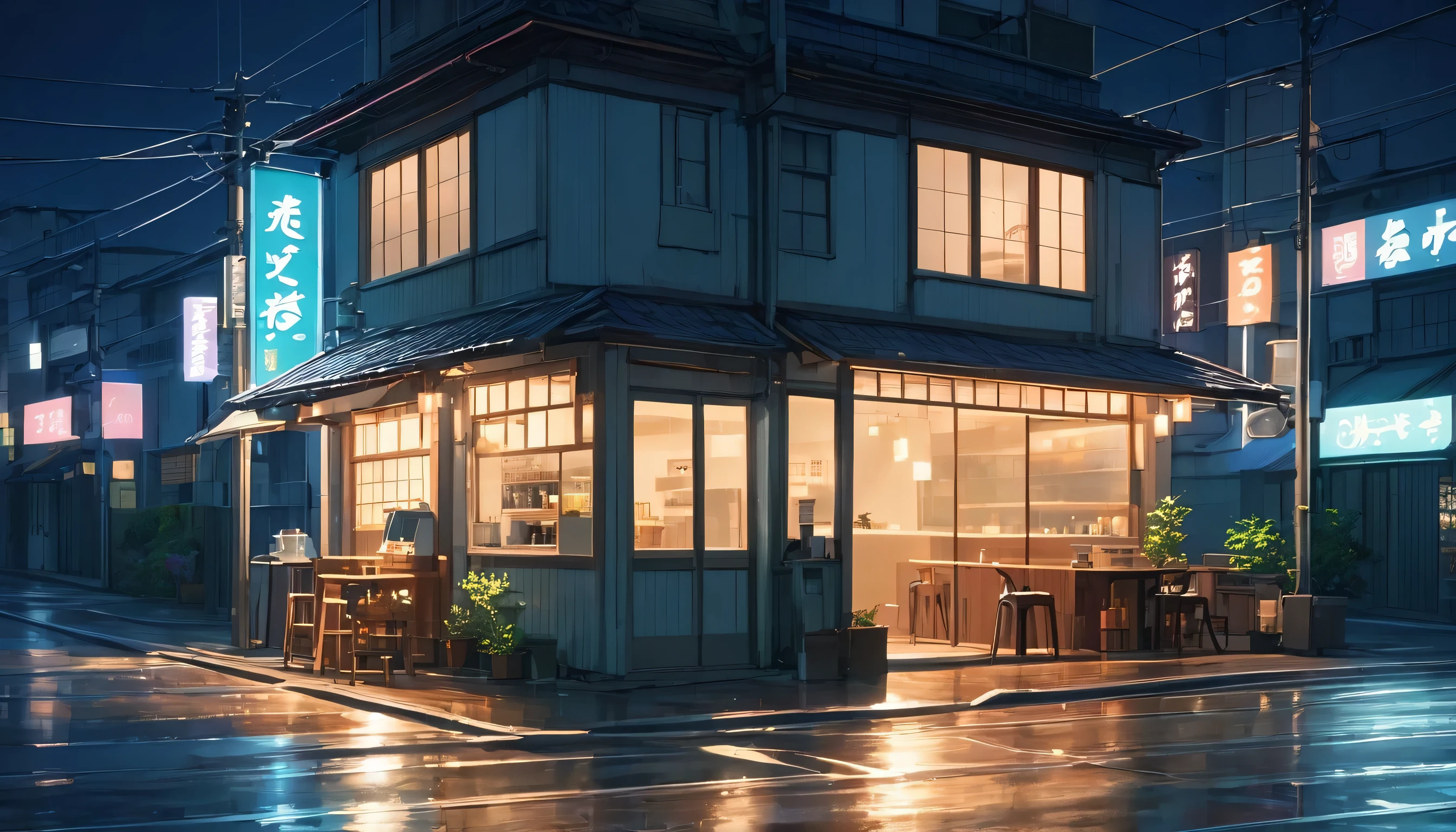 Generate an image of a deserted street at night with a lofi aesthetic coffee shop, highlighting the illuminated sign and the lamp posts in the background, makoto shinkai&#39;conceptual artwork, tumblr, magical realism, cute anime dinners, cloudy sky. por Makoto Shinkai, ( ( makoto shinkai ) ), anime background art, anime backgrounds, makoto shinkai&#39;styled, anime movie backgrounds, sin humanos. Urban Japan