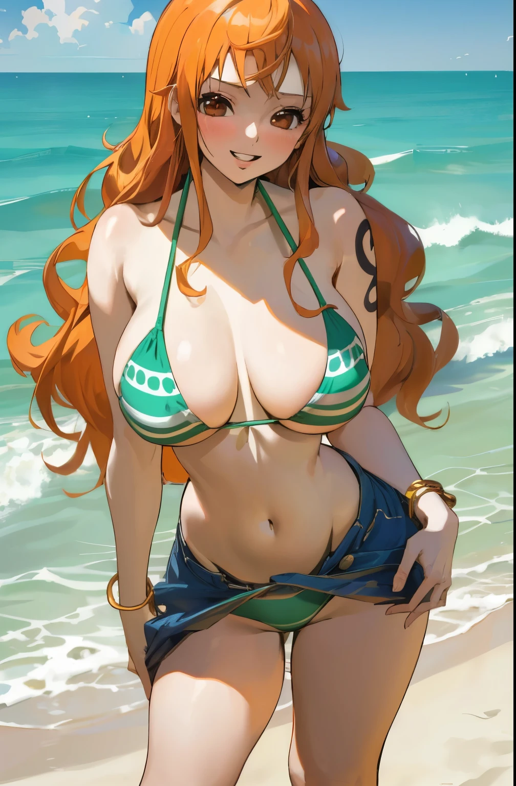 masterpiece, best quality, ultra-detailed, 1girl (namiop, Big and pretty breasts,   orange hair, long hair), wicked smile, parted lips, solo, bikini top, bikini bottom, wanostyle,  beach,  standing,  Sexy waist teasing, a provocative pose 