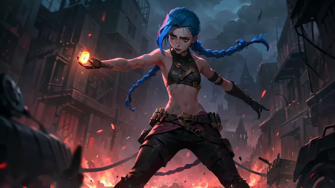 (masterpiece, Best quality), 1 girl, portrait, very sexy, crazy look, crying, pink tears, tears on the cheeks, full length (full body 1.1.), очень feminine, fighting stance, battle, fire, explosions, burning city, Beautiful waist, gloomy composition, flame, fire, Flash, very beautiful, feminine, long hair, hair braided in long braids, very sexy, tight leather pants, emphasis on the eyes, emphasis on the face, Beautiful face, Hands, Hair, Haired ponytail, red purple eyes, Джинкс crying, Blue cloud tattoo, (masterpiece, Best quality), Side lighting, beautiful detailed eyes, crazy face), (Best quality), (masterpiece), magic photography, Spectacular lighting, Photorealism, ultra detailed, интимная portraitная композиция, 1. 4,8 k UHD, aesthetic, Cd., A high resolution, 8 k, better lighting, Best shade, Ultra-HD, A high resolution, sharp focus, Complex background, Cinematic lighting, ((Landscape view)), 4K block, (better lighting), ((Cinematic lighting)),