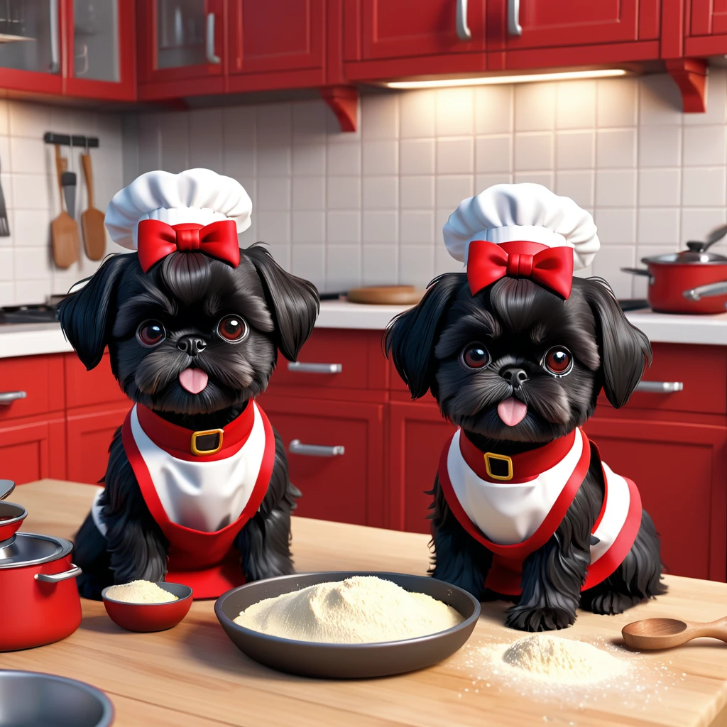 2 Adorable small black Shih Tzu puppies wearing red collars and aprons playing, baking making a food mess in Disney kitchen 3d cartoon, 3d render, disney pixar style