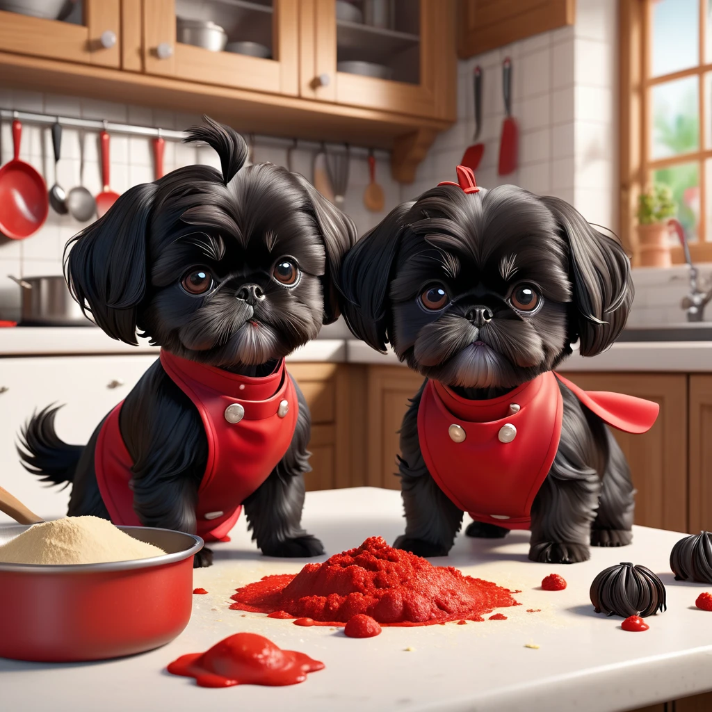 2 Adorable small black Shih Tzu puppies wearing red collars and aprons playing, baking making a food mess in Disney kitchen 3d cartoon, 3d render, disney pixar style