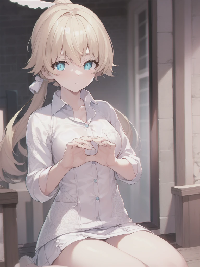 blond, Long hair, Ponytail, (blue eyes:1.5), (Medium Breast:1.2),
rest miniskirt, skirt, White shirt， Seto Fuku,Low-cut，cleveage，
rest looking at viewer,
rest indoors, bathhouse,
rest (masterpiece:1.2), best quality, high resolution, Unity 8K wallpaper, (illustration:0.8), (Beautiful and delicate eyes:1.6), Extremely detailed face, Perfect lighting, Extremely detailed CG, (Perfect hands, Perfect anatomical structure),