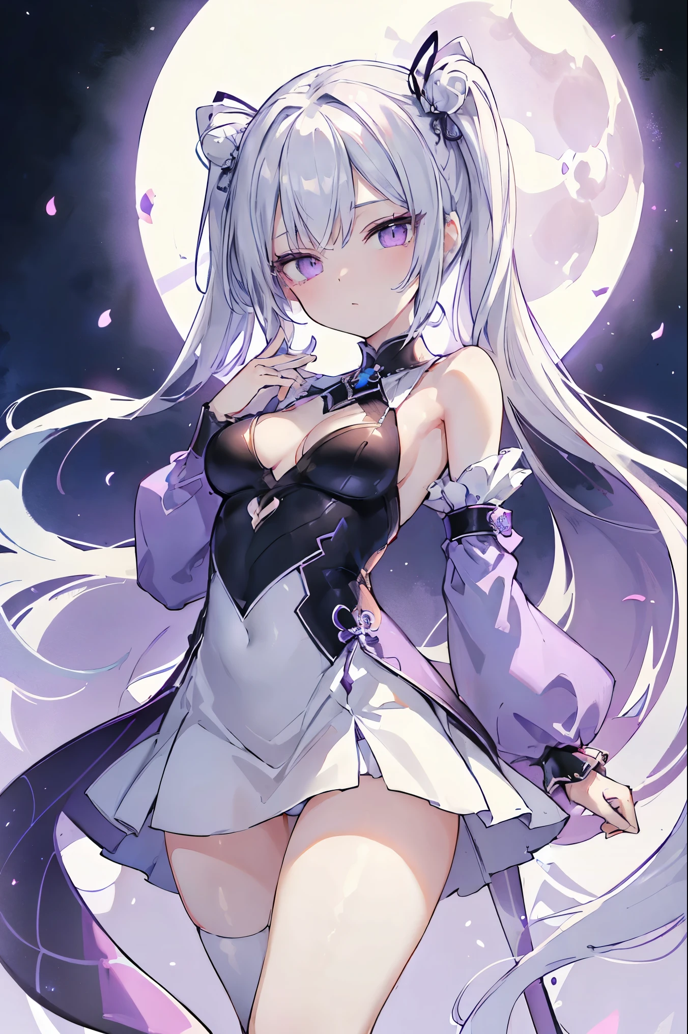 1girl, アニメ, cute girl, blank background, white background, fantasy, detailed fantasy dress with highlights, beautiful face, beautiful eyes, dark colors, black hair with multicolor streaks, red eye with different color pupil in eye, multicolor eye, medium breasts, slight cleavage, beautiful skin, cute, breast curtains, extremely delicate and beautiful, (beautiful detailed face:1.0), (detailed deep eyes), symmetrical breasts, deep eyes, shiny skin, portrait, slender waist, hips wider than shoulders, thighs, expressionless, young girl, luminous eyes, adorable,(Kpop idol),(aegyo sal:1),(Platinum blonde hair:1),((puffy eye)),Black panty,sexy posture,Superskirt, Ultra-high resolution,Black collar,slim figure, Abdominal y tattoo, womb tattoo,Tight-fitting leg ring,y tattoo on half-body,Bare skin, Armored hand,Hidden fingertips,Hand covered,Arm covered,Fist covered,{{beautiful detailed fingers}}, tufts of hair, moderate beautiful breast:1.0,(masterpiece:1.2), best quality, high-res, HDR, perfect face, intricate armor, delicate blue filigree, intricate filigree, red metalic parts, detailed part, dynamic pose, dynamic lights, cute face, neutral expression, shuimobysim, lotus, Hanfu, maxi skirt, dress conservatively 1girl, 独奏, long blue hair, standing, One lady,14years,((White hair) ,(Shiny purple bodysuit with microskirt),((Fantasy, Moon Night)), gradient_eyes,