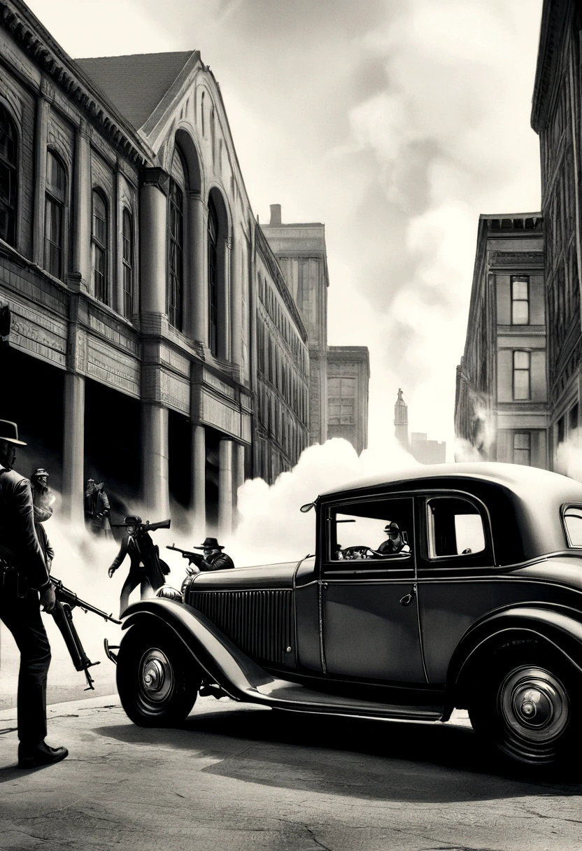 Cinematic image, realism, cinema, realistic scenario, civil war, five men armed with Thompson Machine Guns, gangster war, shooting, war between rival gangs, vintage car, 70s, large building, robbery of the Central Bank of Chicago, the house currency or central bank, explosive backdrop, gunfire, smoke, monochrome.