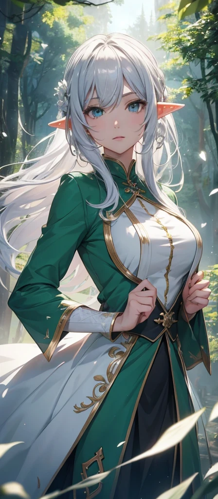 Elf Very beautiful dress Light Silver Hair Girl high and cold expression Green Forest magic masterpiece超高清牛仔镜头 明亮的画面,HolyElf,Around 20 years old,Floating in the air,Top quality,Top image quality,masterpiece,Exquisite facial details,Holy,