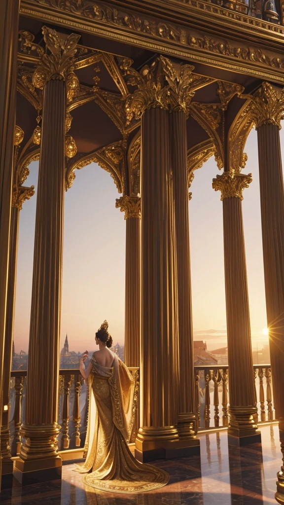 Majestic columns, opulent globes, an ornate, balcony-adorned palace scene bathed in golden sunset hues, grandeur and elegance intertwine in a breathtaking, Baroque-inspired tableau.