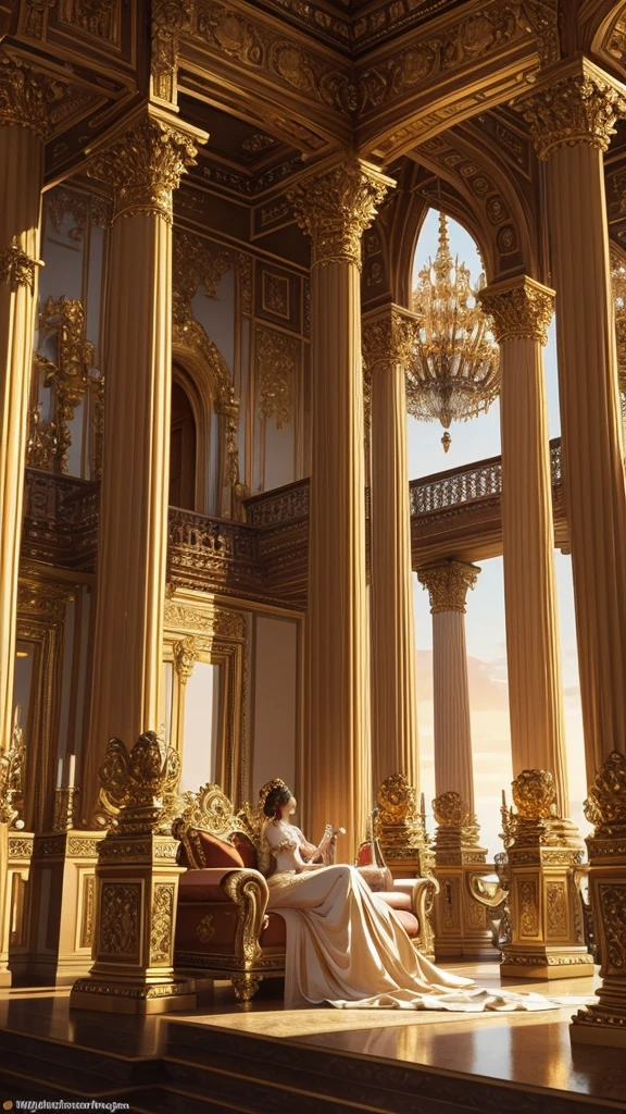 Majestic columns, opulent globes, an ornate, balcony-adorned palace scene bathed in golden sunset hues, grandeur and elegance intertwine in a breathtaking, Baroque-inspired tableau.