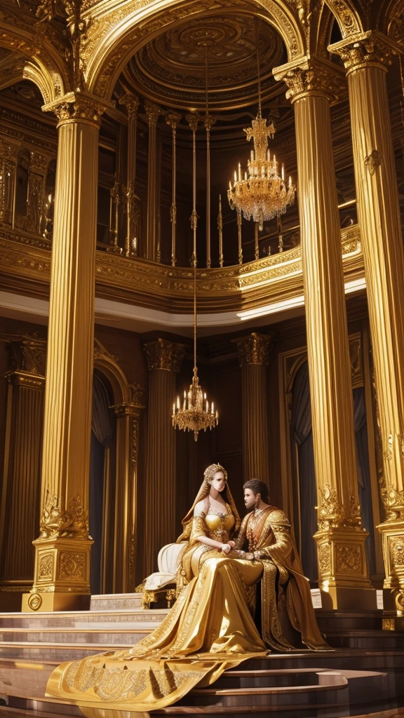 Majestic columns, opulent globes, an ornate, balcony-adorned palace scene bathed in golden sunset hues, grandeur and elegance intertwine in a breathtaking, Baroque-inspired tableau.