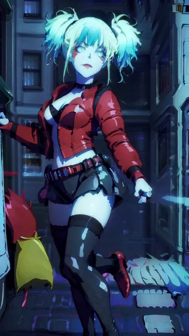 masterpiece, Best quality, Super detailed, illustration, beautiful detailed eyes, ((distant view, wide angle 1.31)), On the outside, young woman, Harley Quinn, intricate design, complex shaped lace tights, two hair tails (blue and red tail), sexual, Face to face, split, full length (full body 1.1.), very feminine, fighting stance, (masterpiece), magic photography, Spectacular lighting, Photorealism, ultra detailed, intimate portrait composition, 1. 4,8 k UHD, aesthetic, Cd., A high resolution, 8 k, better lighting, Best shade, Ultra-HD, A high resolution, sharp focus, Complex background, Cinematic lighting, ((Landscape view)), 4K block, (better lighting), ((Cinematic lighting)),
