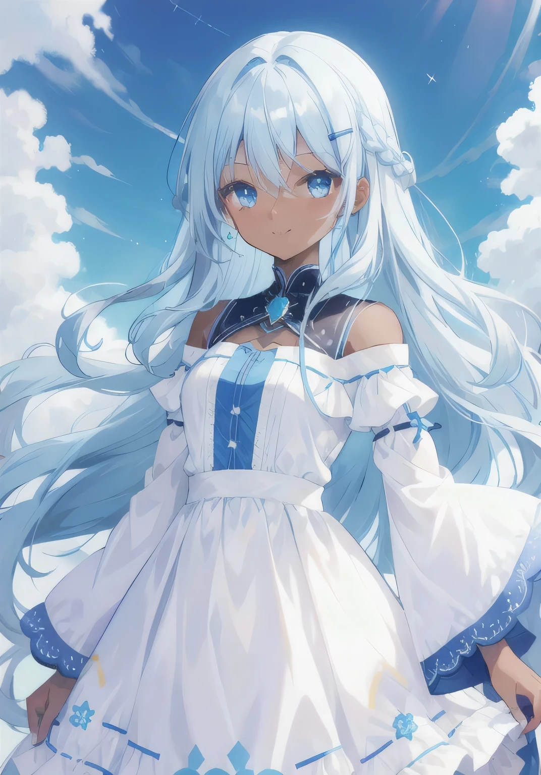 Dark-skinned female characters，Female university student，Light blue hair， Long blue hair，white hair clip，Become a，Sky blue eyes，Smile，Braids draped over shoulders，Petite and thin，Proud，Sky blue dress，star motif，Wavy hair