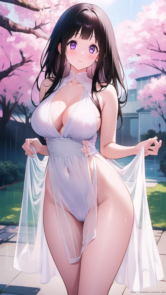 Amazing Chitanda, There is only one beautiful girl,Purple Eyes, Black Hair, Very red face,Very white skin,Glowing skin,Skin as delicate as porcelain,Naturally straight hair, Straight bangs,Extremely refined,Open lips,Long flowing hair,Beautiful Girl, Like a dream,Slim,Slim waist,Soft, (Sensual), (Kawaii), Dream quality,Beautiful big breasts,Sheer loose dress,Areola,Completely naked,Lower edge of breast,White gloves,Flower decoration,Deep V neckline,Loose neckline,White lace-up,Wide neckline,In school,look up,Place your hands on your inner thighs,Thighs clamp hands,Wet skin,Sweaty and sweaty,Sweating all over,it is raining,Next to the cherry blossom trees,Back to,Lean over,Hips,Side body,Gluteal groove,Completely naked的臀部,Bare back,Completely naked的背部,Light transmission,(no pants),nopan,pussy juice,Bare shoulders,There are no shoulder straps,Bare neck,Exposed collarbone,Exposing breasts,Exposing breasts侧面,Exposing breasts下面,Show your waist,Show your buttocks,Show your thighs,Exposing the groin,(No pants),extremely shy,Ultra-high resolution, (masterpiece:1.2, best quality), (Delicate and beautiful eyes: 1.2), (Beautiful and delicate face)