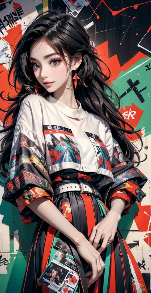 Flat Illustration artwork, ((Angelababy)) in a dress standing in front of simple background, up close, ((Art style by Patrick Nagel)), ((8k, wallpaper, detailed)), dark sunglasses, korean pop-star, big smile, black hair, pretty hands, fringe, simple red background, palm trees, (graffiti wall:1.2), strong, courageous, art by Patrick Nagel, music album art cover