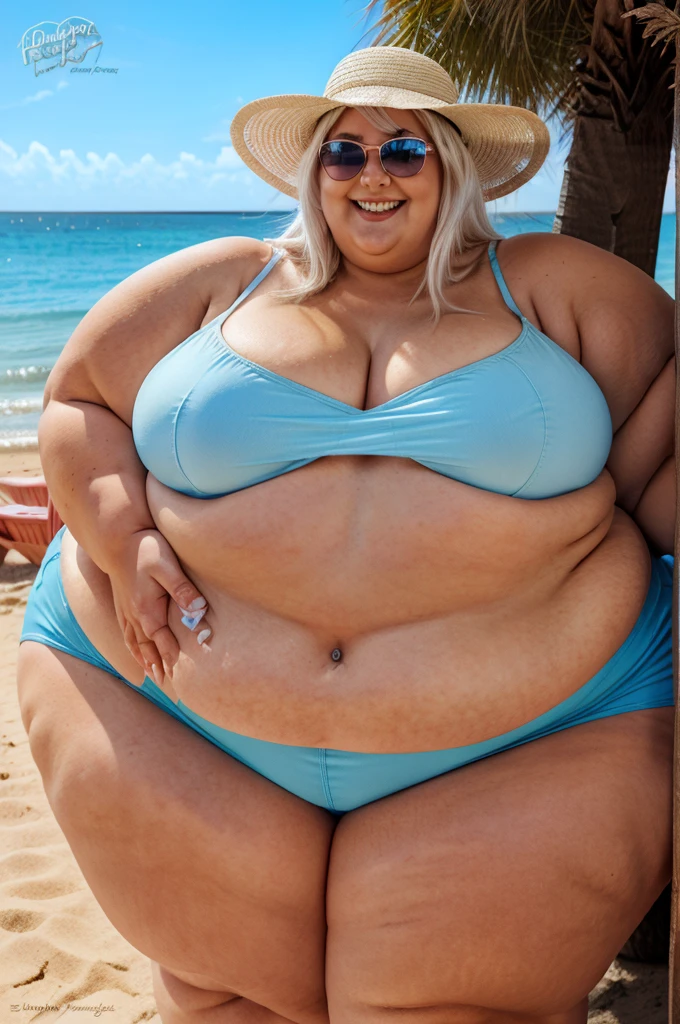 A white obese girl grinning. She has long white hair and is wearing a sun hat. She has sunglasses on which cover her eyes. She has a nose ring. She’s wearing a tight blue bikini top and blue shorts. Standing on the beach. SSBBW. 450 pounds. Masterpiece quality. Round face. Double chin.