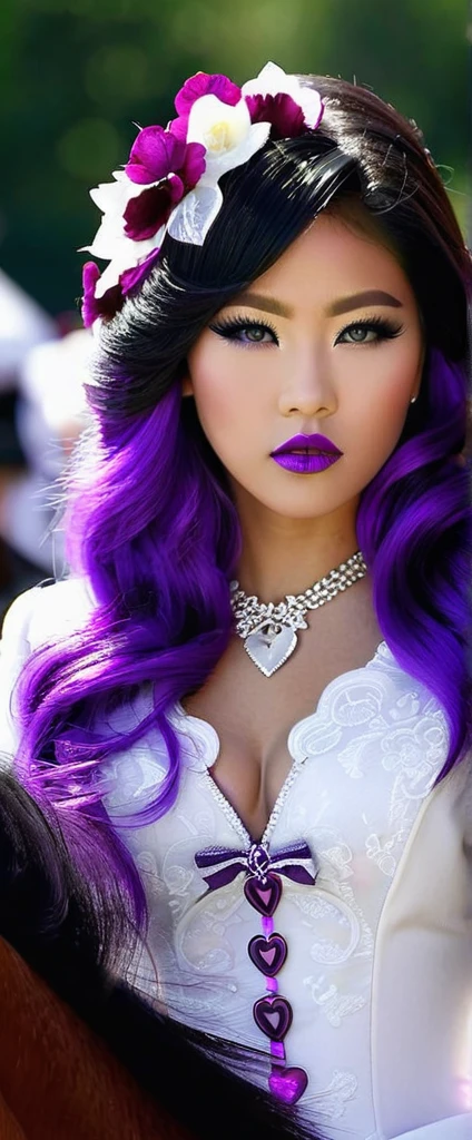 Sublime very sexy Asian woman, Detailed lips, detailed eyes, detailed eyelash, detailed face, sublime and detailed body, long cheveux violet, visage de séduction, ((violet make-up)), photo du milieu du corps, ((porter un costume)),(( Une cravate violette, photo noir et blanc et violet, only black and white and purple photo)), (((photo noir et blanc et violet : 2.0, only black and white and purple photo :2.0, purple only on iris and make-up and hair, b/w, b&w))) 
