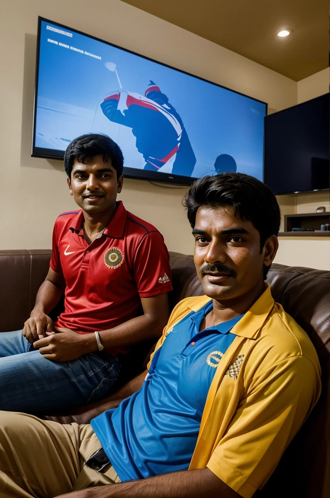 "Create an image of a father and his 17-year-old son sitting on a sofa, engrossed in watching an Indian cricket match on TV, both cheering and showing expressions of excitement and enjoyment."