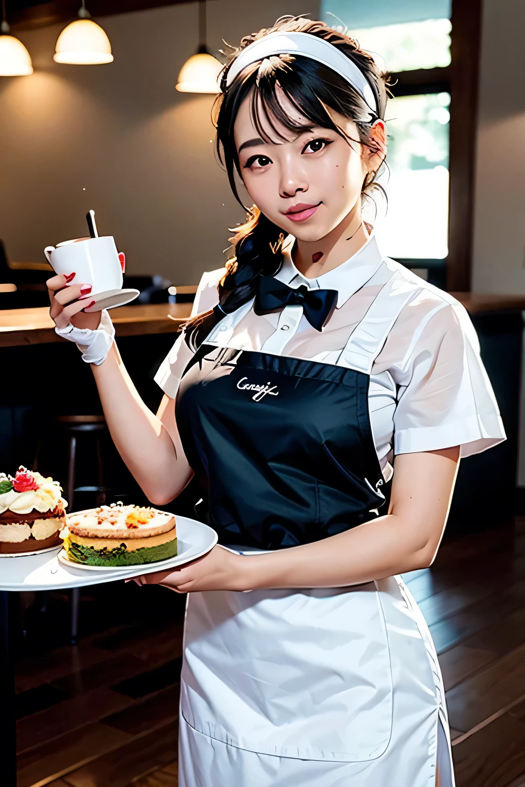 View your viewers,Cinematic Light, Ultra-high resolution, 8K Ultra HD, Film Grain, 40 year old cute and beautiful waitress,Asian, At the cafe,White apron,Brown shirt,Sunburn,Braiding, Black Hair,Are standing,Very fine eye, Gradient Eye,smile,Open your mouth,Sparkling brown eyes, Watercolor background, {{{Waitress Suit}}},Cafe table, guest,food,cake,coffee,coffee cups,SFW:1.8,