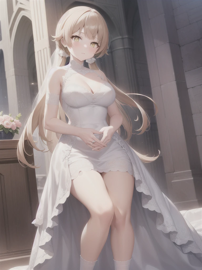 A girl，Long hair, Bangs, hair, 两眼之间的hair, (Yellow eyes:1.5),  (Large Breasts:1.2), 
rest  锁骨, Wedding dress，veil，wedding，White Dress，Flowers，The skirt is broken，White socks，Tights，White knee socks，
Looking at the audience, whole body,Put your hands in front of you，手拿Flowers，
indoors, church，permanent，permanent，
rest (masterpiece:1.2), best quality, high resolution, Unity 8K wallpaper, (illustration:0.8), (Beautiful and delicate eyes:1.6), Extremely detailed face, Perfect lighting, Extremely detailed CG, (Perfect hands, Perfect anatomical structure),