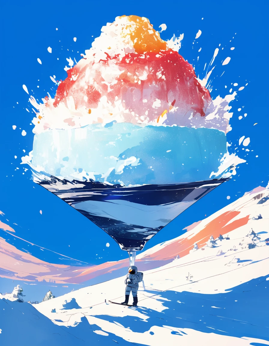 extremely clear 8K wallpaper, extremely delicate and detailed face:1.3, absurdres, masterpiece, pixiv contest winner, by Demizu Posuka, flat design, minimalism, simple, full body, Metafictional illustration of an astronaut is skiing on a huge-sized shaved ice.,