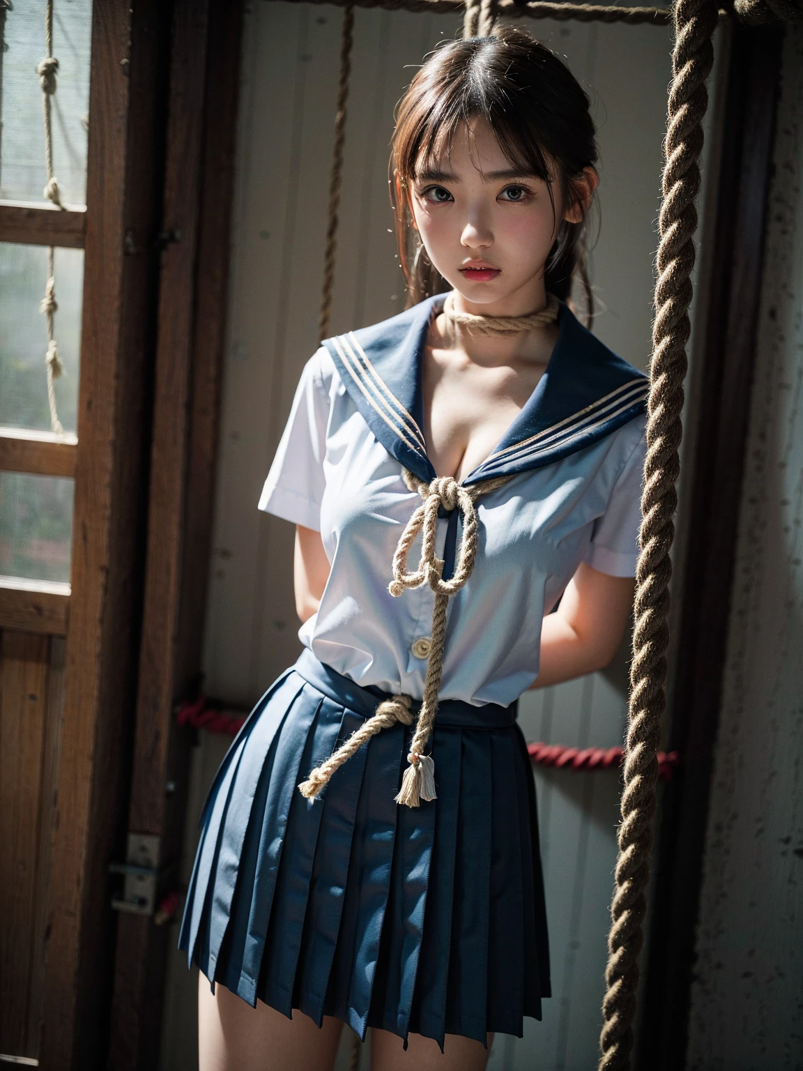 (41k4:0.6), (emma watson:0.6), (aika-sawaguchi:0.25), masterpiece, Best Quality, 8K, Raw photo, (wearing sailor school uniform:1.5), top-notch quality, masterpiece, (full body shot:1.5), (exceptionally detailed RAW color photo, professional-grade photograph), (rope bondage:1.5), (tied up with rope:1.4), (facing viewer:1.5), (looking at viewer:1.4), (Realistic, Photorealistic:1.37), (highly detailed skin:1.2), Ultra-high resolution, (lens 50mm), (masterpiece, top-quality:1.3), (hyper realistic:1.35), (Photorealistic:1.45), (Realistic:1.4), solo, (1 pretty Japanese girl), 21 years old, Japanese idol, supermodel, pale skin, (slim:1.3), (slim body:1.25), (slender body:1.25), (narrow waist:1.35), pretty face, (large breasts:1.15), (deep cleavage:1.4)