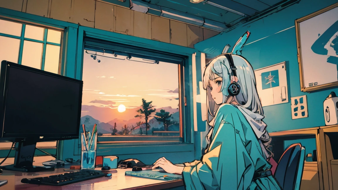 high resolution,High definition,high quality,Girl playing games,gaming computer,Erogeo Art Style, Arte Roffie, zero vibrations, Hip Hop Lofi,aesthetic, Lo-fi art, Lo-fi illustration style, zero, Portrait of Roffey, vibe zero, zero, Chill Hop, Anime Aesthetics,japanese style,large window,girl wearing headphones,sunset