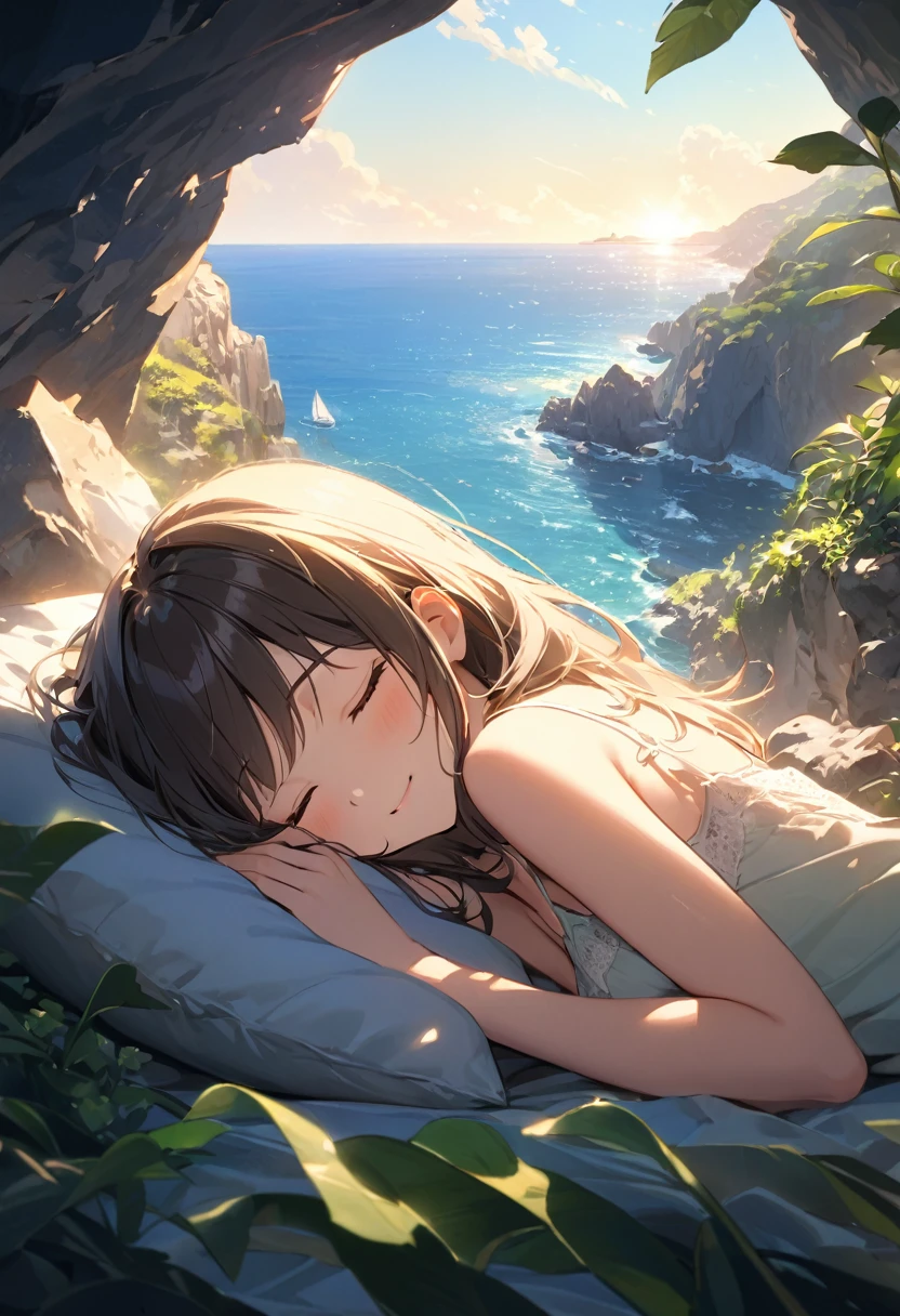 (Best Quality, Masterpiece, ultra high resolution, ultra detailed:1.2) ,(girl sleeping under the sun),16 years old,Closed eyes,SMILE,soft lighting,The background features rocky cliffs overlooking the sea., boats floating in it, green plants, and the sunlight shining through them on his face. wearing camisole. creating a warm environment.