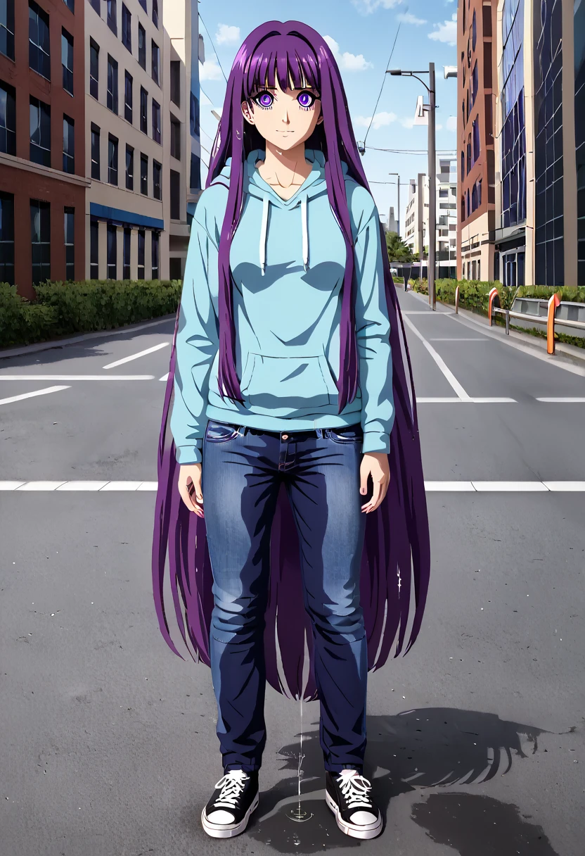 (masterpiece:1.37), best quality, (extremely detailed:1.37) woman, (adult:1.5), (very long hair:1.5), dark purple hair, purple eyes, (extremely detailed eyes:1.37), breasts, hoodie, jeans, (wetting:2.0), standing straight, full body day, daytime, glow, facing viewer, perfect composition, full body, city, street