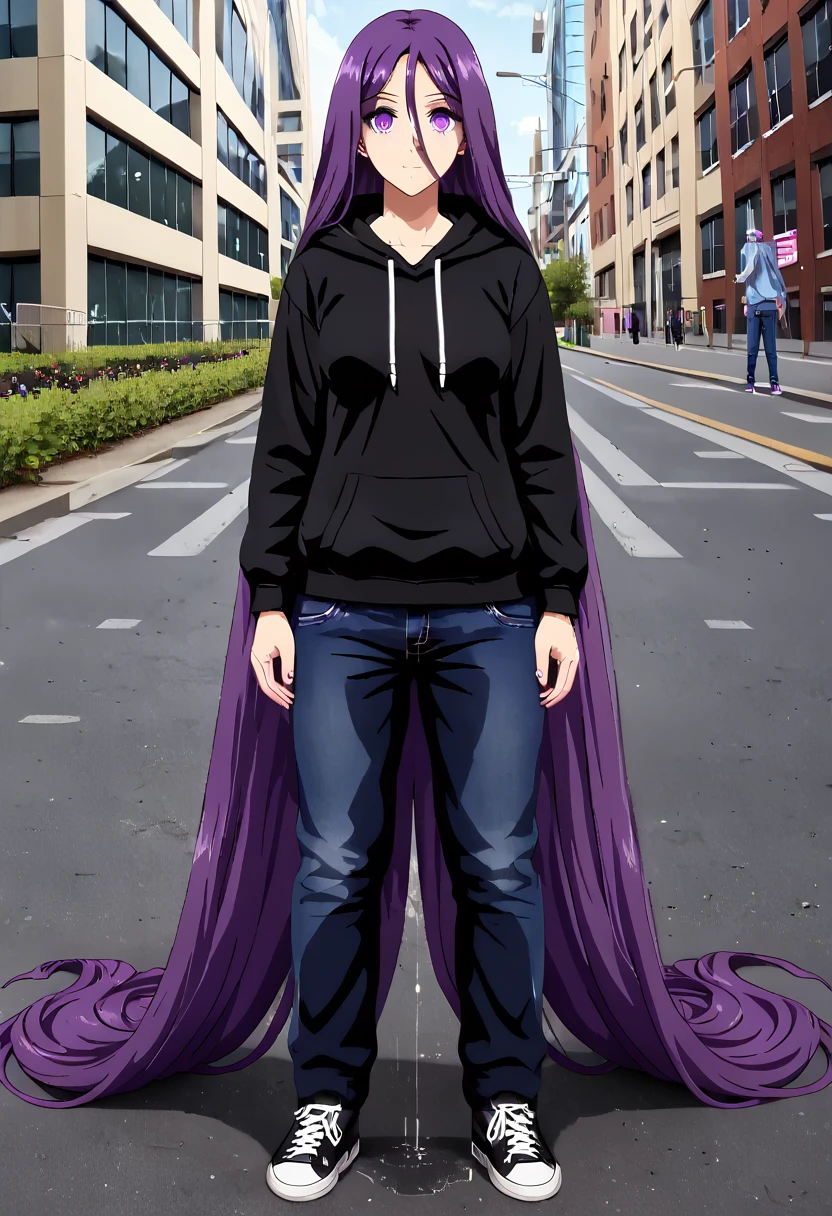 (masterpiece:1.37), best quality, (extremely detailed:1.37) woman, (adult:1.5), (very long hair:1.5), dark purple hair, purple eyes, (extremely detailed eyes:1.37), breasts, hoodie, jeans, (wetting:2.0), standing straight, full body day, daytime, glow, facing viewer, perfect composition, full body, city, street